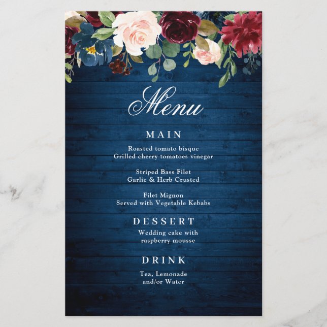 Burgundy Navy Blue Blush Floral Menu Mariage (Devant)