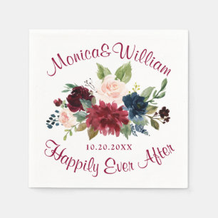 Burgundy Navy Blue Blush Floral Rustic Wedding  Napkin