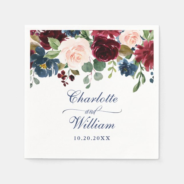 Burgundy Navy Blue Blush Floral Rustic Wedding Napkin (Front)