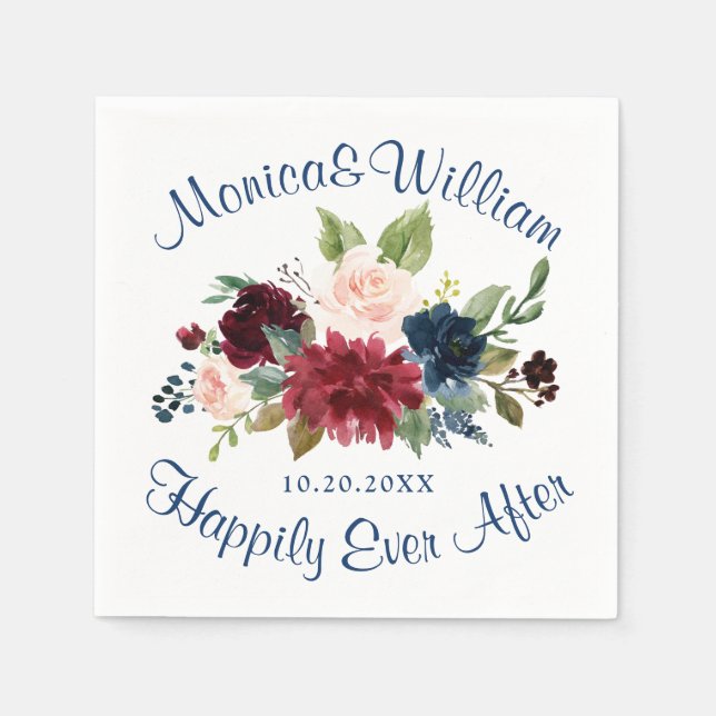 Burgundy Navy Blue Blush Floral Rustic Wedding  Napkin (Front)