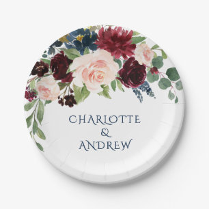 Burgundy Navy Blue Blush Floral Rustic Wedding Paper Plate