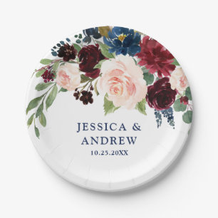 Burgundy Navy Blue Blush Floral Rustic Wedding Paper Plate