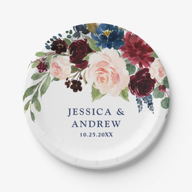 Burgundy Navy Blue Blush Floral Rustic Wedding Paper Plate (Front)