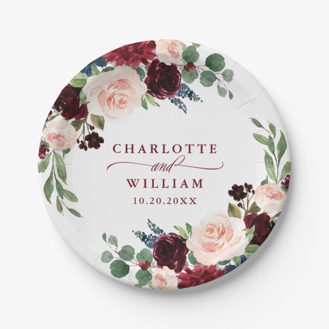 Burgundy Navy Blue Blush Floral Rustic Wedding Paper Plate (Front)