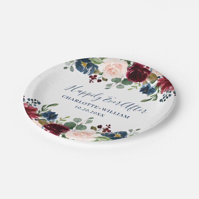 Burgundy Navy Blue Blush Floral Rustic Wedding Paper Plate (Angled)