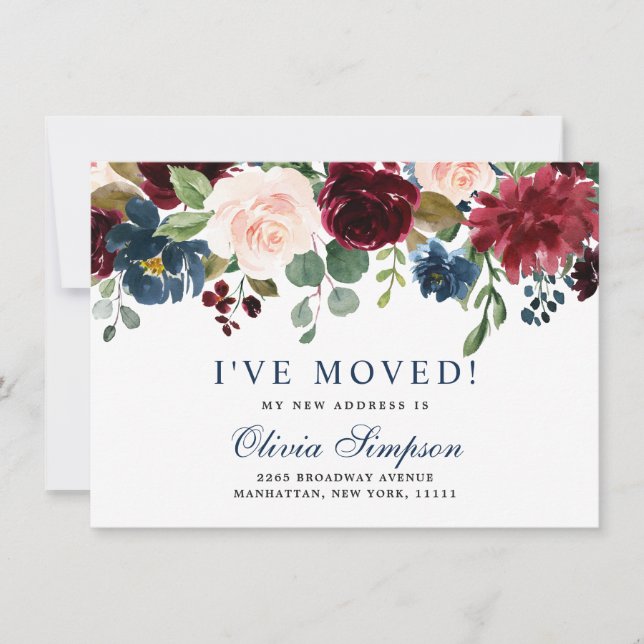Burgundy Navy Blue Blush Floral Watercolor Moving Announcement (Front)