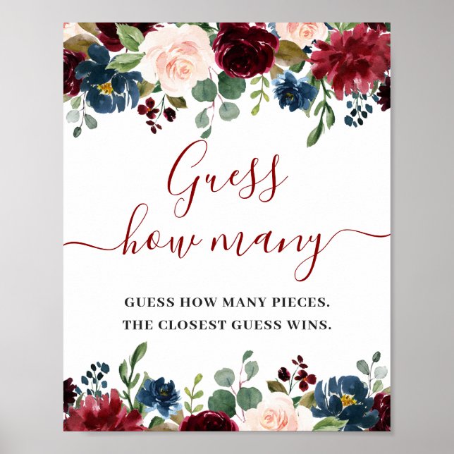 Burgundy Navy Blue Blush Floral Watercolor Poster (Front)