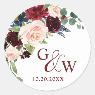 Burgundy Navy Blue Blush Floral Watercolor Wedding Classic Round Sticker