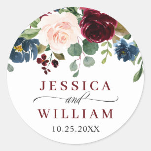 Burgundy Navy Blue Blush Floral Watercolor Wedding Classic Round Sticker