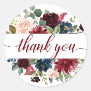 Burgundy Navy Blue Blush Floral Watercolor Wedding Classic Round Sticker