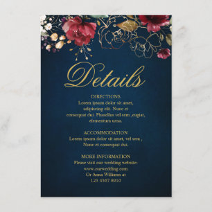Burgundy Navy Blue Blush Floral Wedding Details Enclosure Card