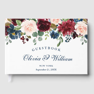 Burgundy Navy Blue Blush Floral Wedding Guest Book