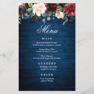 Burgundy Navy Blue Blush Floral Wedding Menu