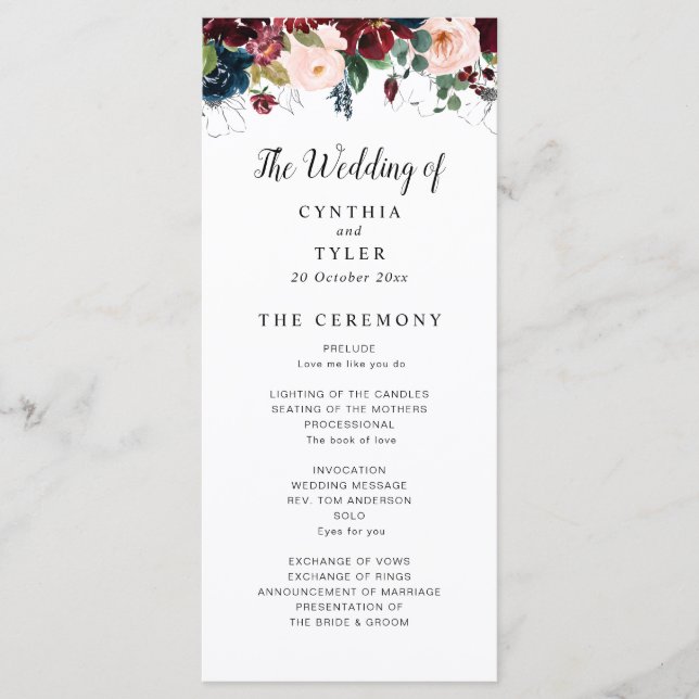 burgundy & navy blue, blush floral wedding program (Front)