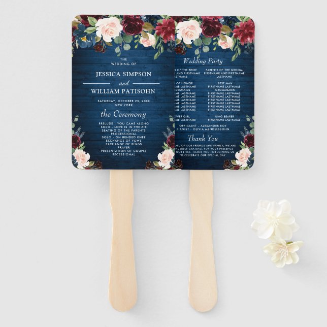Burgundy Navy Blue Blush Floral Wedding Program Hand Fan (Front and Back)
