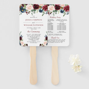 Burgundy Navy Blue Blush Floral Wedding Program Hand Fan
