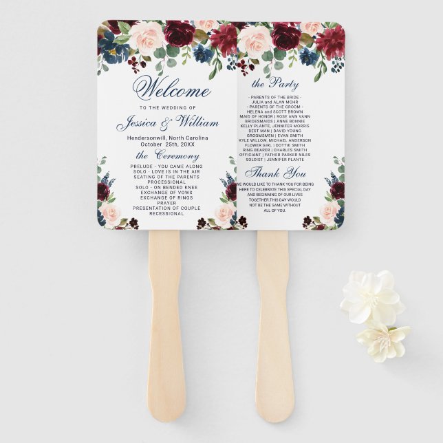 Burgundy Navy Blue Blush Floral Wedding Program Hand Fan (Front and Back)