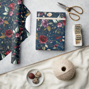 Burgundy Navy Blue Blush Floral wedding Wrapping Paper