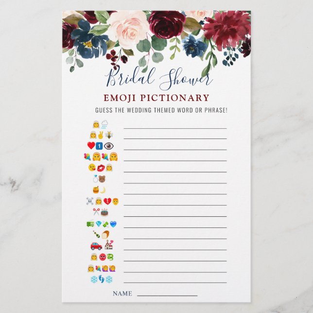 Burgundy Navy Blue Blush Flower Bridal Shower Game (Front)