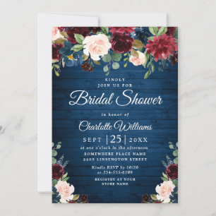 Burgundy Navy Blue Blush Flowers BRIDAL SHOWER Invitation