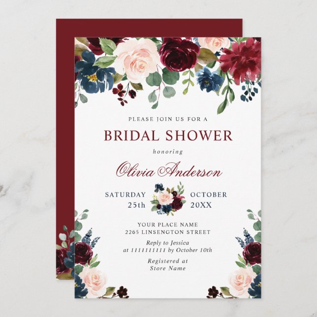 Burgundy Navy Blue Blush Flowers BRIDAL SHOWER Invitation (Front/Back)