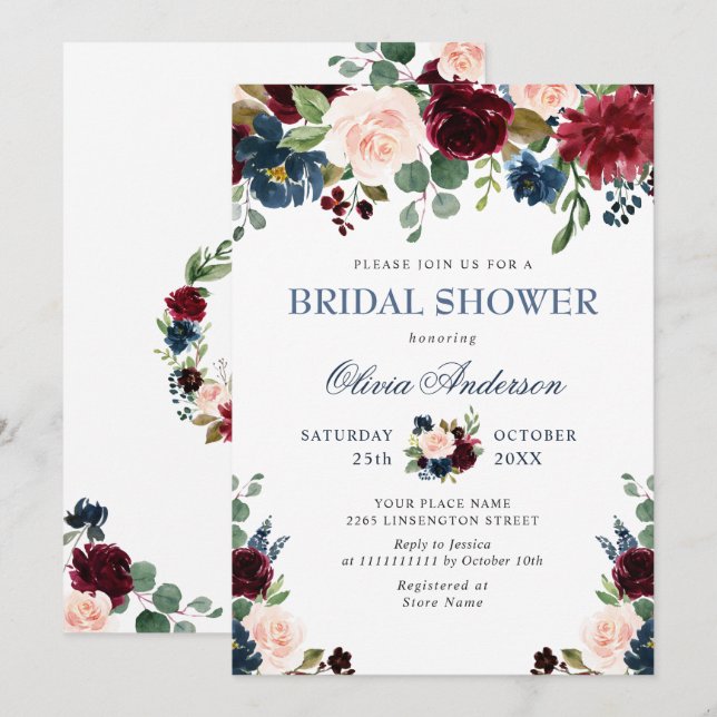 Burgundy Navy Blue Blush Flowers BRIDAL SHOWER Invitation (Front/Back)