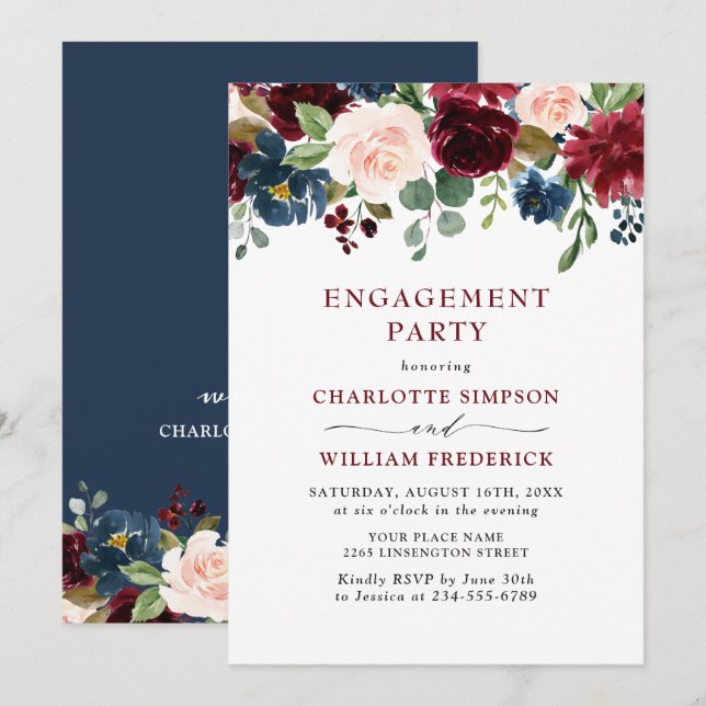 Burgundy Navy Blue Blush Flowers ENGAGEMENT PARTY Invitation (Front/Back)