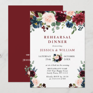 Burgundy Navy Blue Blush Flowers REHEARSAL DINNER Invitation