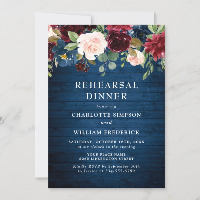 Burgundy Navy Blue Blush Flowers REHEARSAL  DINNER Invitation (Front)
