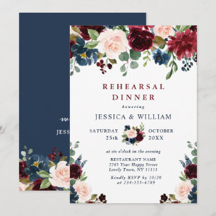 Burgundy Navy Blue Blush Flowers REHEARSAL  DINNER Invitation
