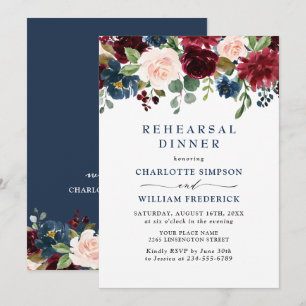 Burgundy Navy Blue Blush Flowers REHEARSAL  DINNER Invitation