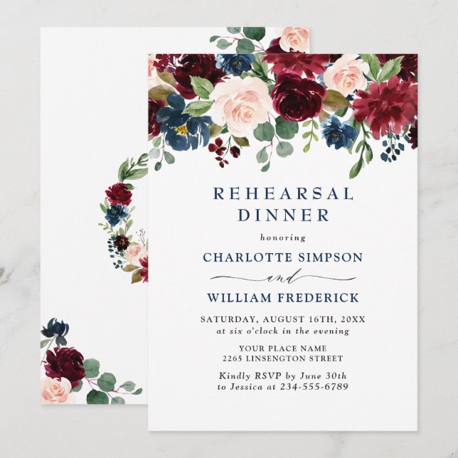 Burgundy Navy Blue Blush Flowers REHEARSAL  DINNER Invitation (Front/Back)
