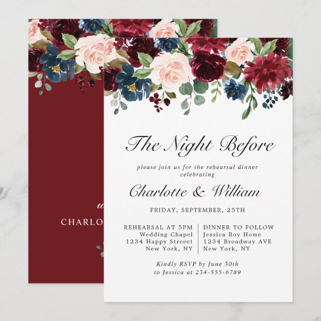 Burgundy Navy Blue Blush Flowers REHEARSAL  DINNER Invitation (Front/Back)