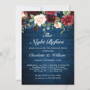 Burgundy Navy Blue Blush Flowers REHEARSAL  DINNER Invitation