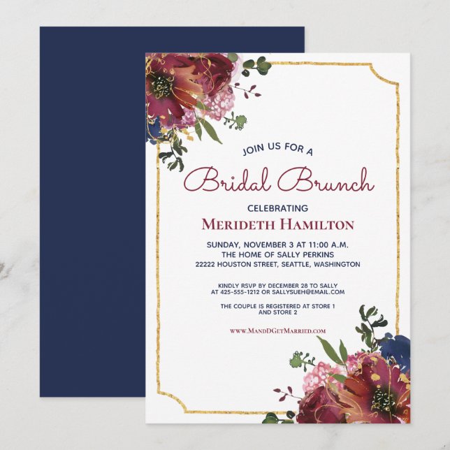 Burgundy Navy Blue Blush Gold Floral Bridal Shower Invitation (Front/Back)