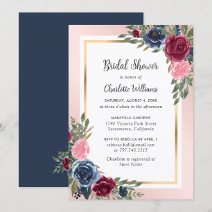 Burgundy Navy Blue Blush Gold Floral Bridal Shower Invitation