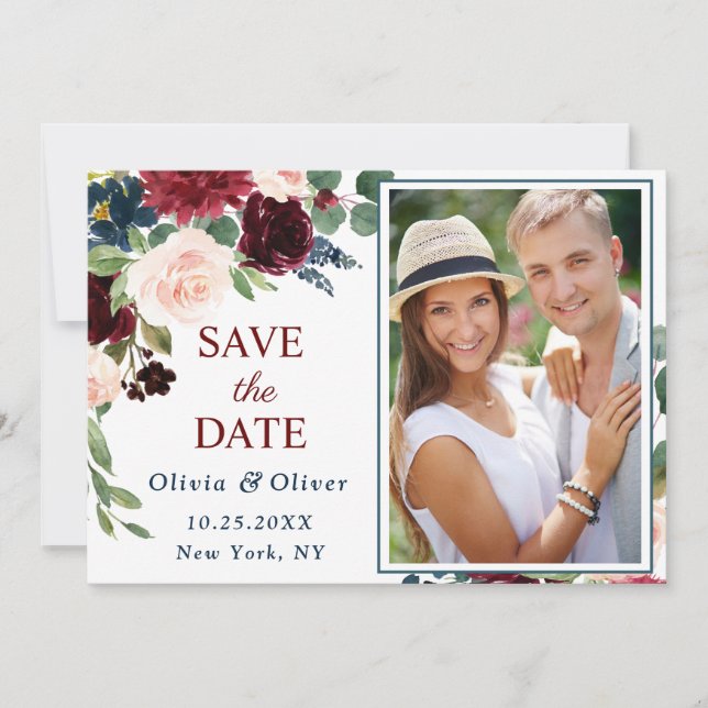 Burgundy Navy Blue Blush PHOTO Floral Wedding Save The Date (Front)