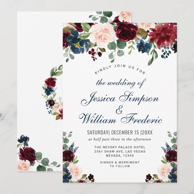 Burgundy Navy Blue Blush Watercolor Floral Wedding Invitation (Front/Back)