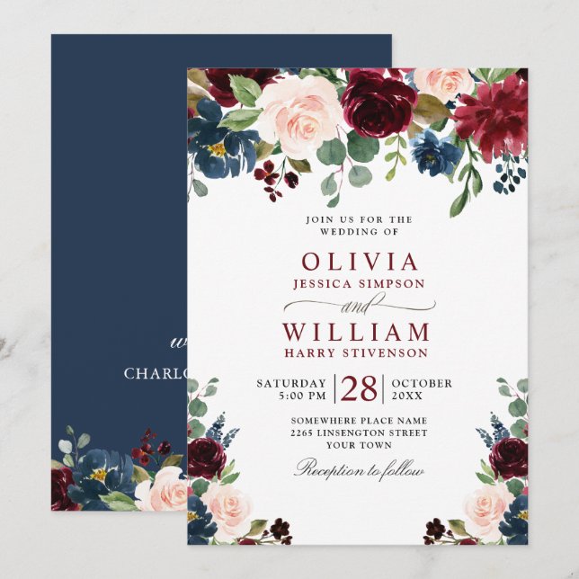 Burgundy Navy Blue Blush Watercolor Floral Wedding Invitation (Front/Back)