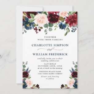 Burgundy Navy Blue Blush Watercolor Floral Wedding Invitation