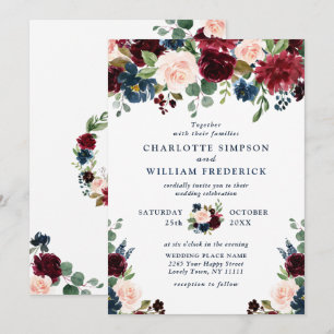 Burgundy Navy Blue Blush Watercolor Floral Wedding Invitation