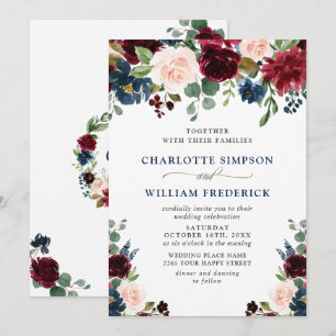 Burgundy Navy Blue Blush Watercolor Floral Wedding Invitation