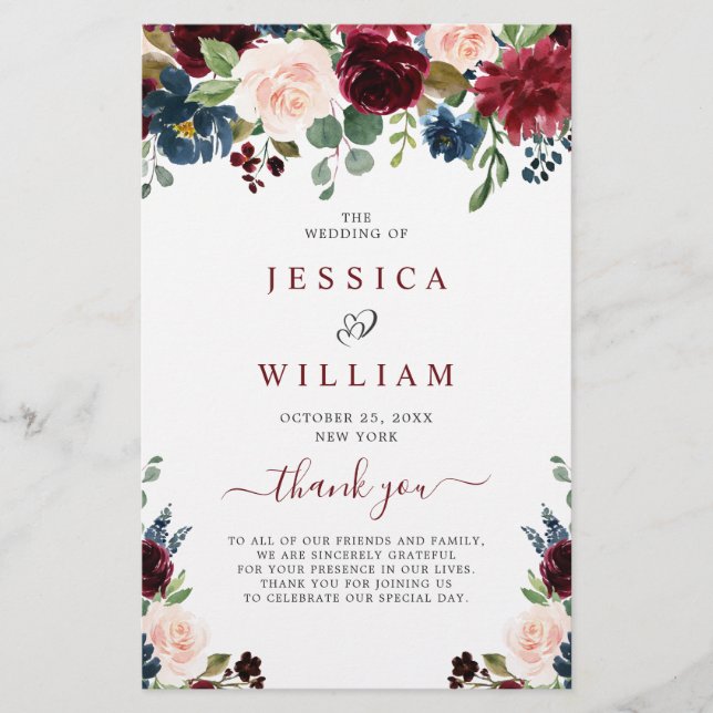 Burgundy Navy Blue Blush Wedding Ceremony Program (Front)