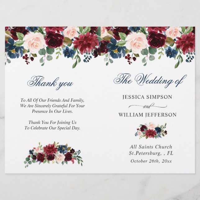 Burgundy Navy Blue Blush Wedding Ceremony Program (Front)