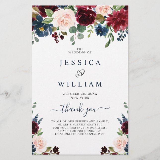 Burgundy Navy Blue Blush Wedding Ceremony Program (Front)
