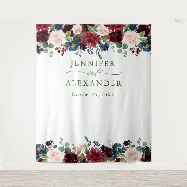 Burgundy Navy Blue Blush Wedding Photo Backdrop Tapestry (Front)