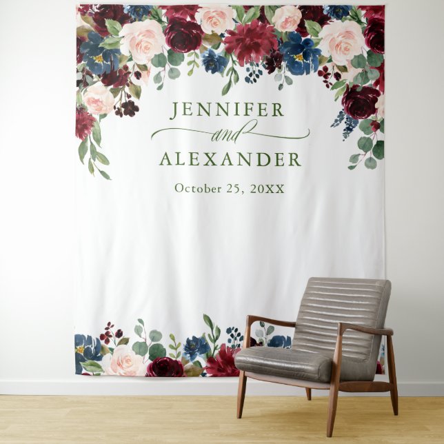 Burgundy Navy Blue Blush Wedding Photo Backdrop Tapestry (In Situ)