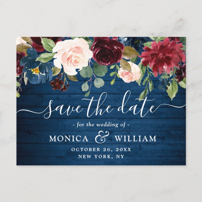 Burgundy Navy Blue Blush Wedding Save the Date Announcement Postcard (Front)