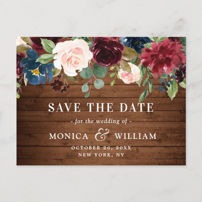 Burgundy Navy Blue Blush Wedding Save the Date Announcement Postcard (Front)