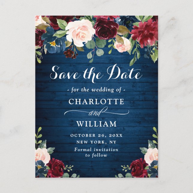 Burgundy Navy Blue Blush Wedding  Save the Date Postcard (Front)